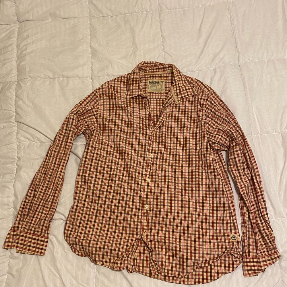 XL Timberland shirt. Red and brown cotton button down shirt